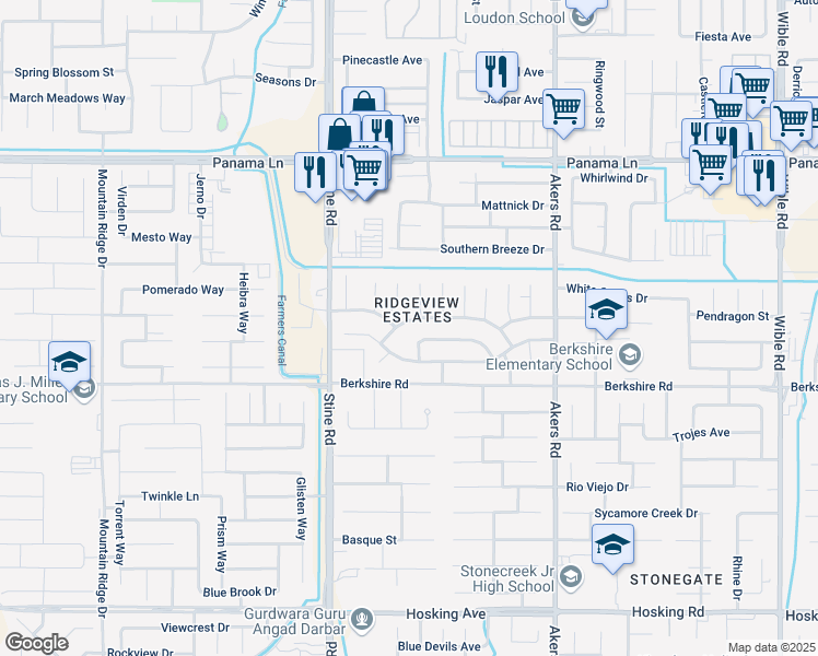 map of restaurants, bars, coffee shops, grocery stores, and more near 4605 Noella Road in Bakersfield