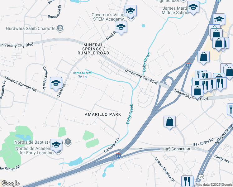 map of restaurants, bars, coffee shops, grocery stores, and more near 7226 Rocky Spring Court in Charlotte