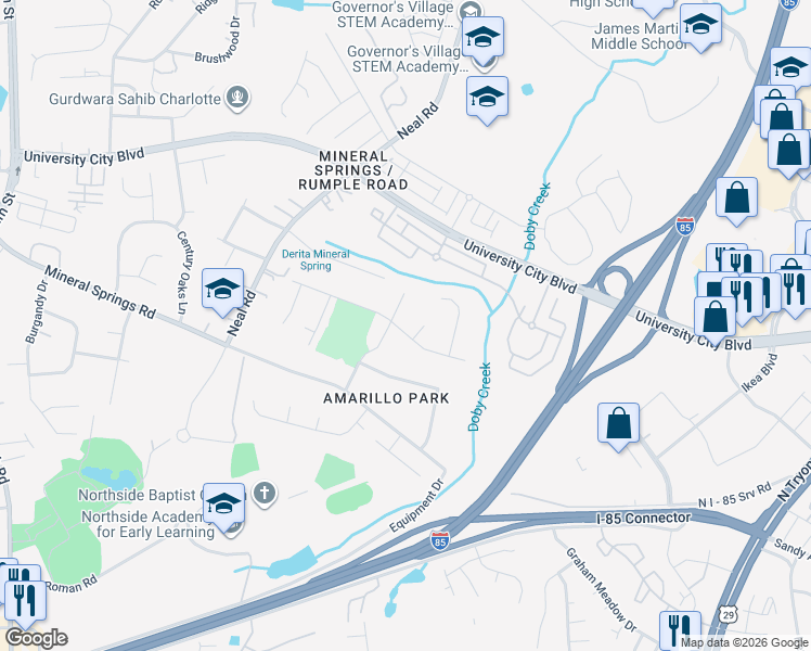 map of restaurants, bars, coffee shops, grocery stores, and more near 1036 Doby Springs Drive in Charlotte