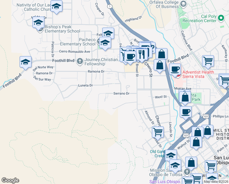 map of restaurants, bars, coffee shops, grocery stores, and more near 600 Serrano Drive in San Luis Obispo