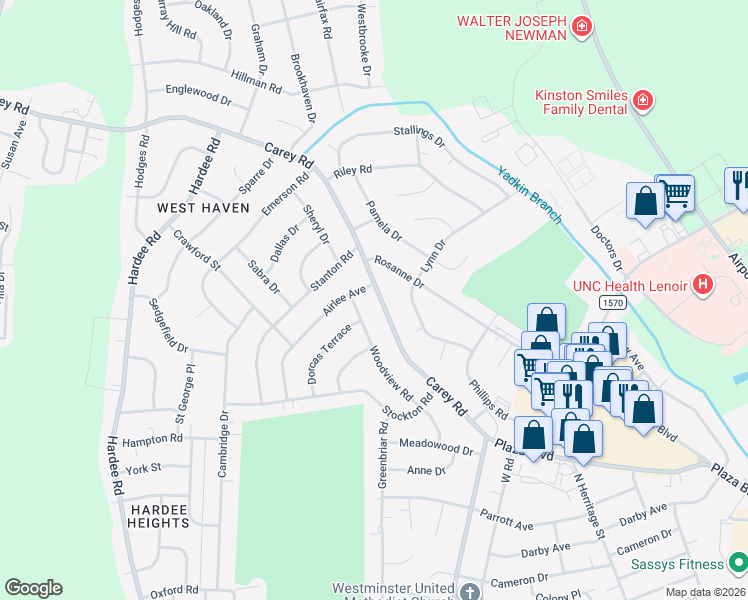 map of restaurants, bars, coffee shops, grocery stores, and more near 2504 Carey Rd in Kinston