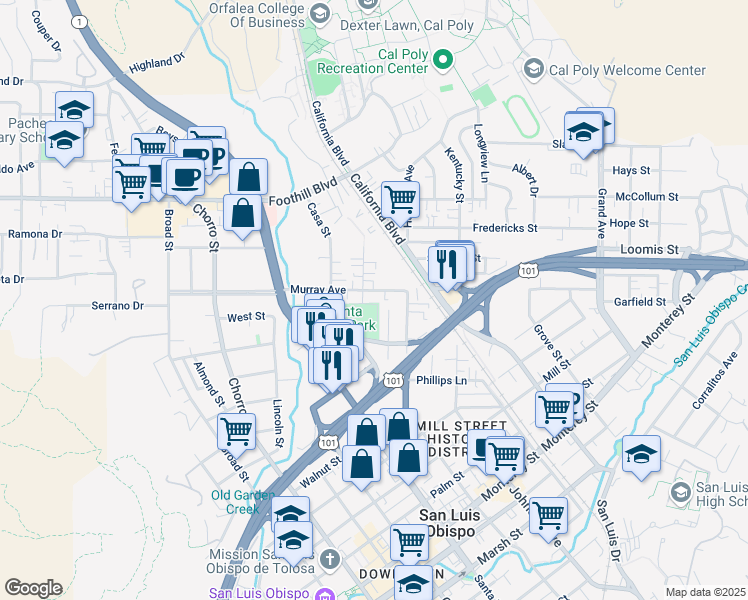 map of restaurants, bars, coffee shops, grocery stores, and more near 1247 Murray Avenue in San Luis Obispo