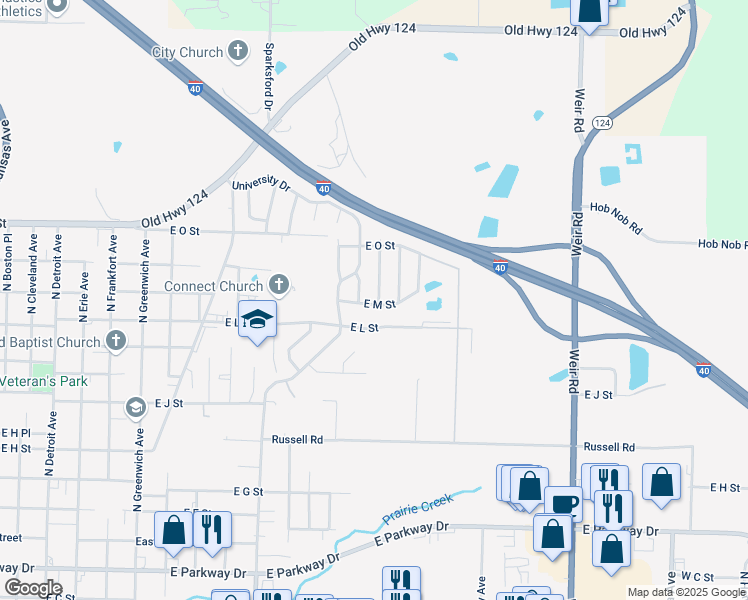 map of restaurants, bars, coffee shops, grocery stores, and more near 1301 North Oswego Avenue in Russellville