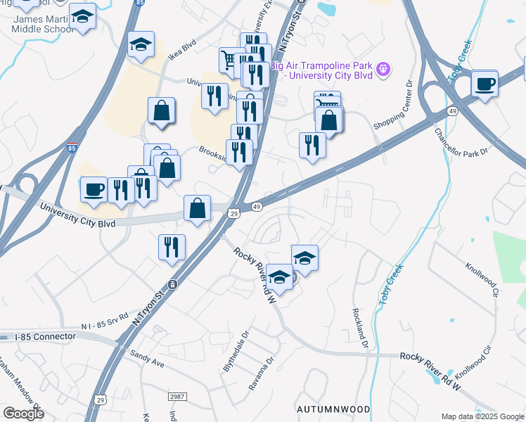 map of restaurants, bars, coffee shops, grocery stores, and more near 7600 University City Boulevard in Charlotte