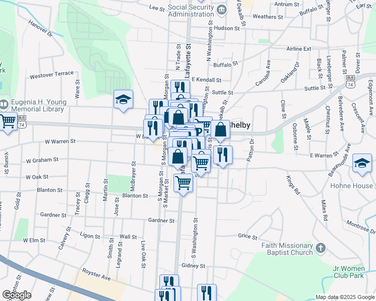 map of restaurants, bars, coffee shops, grocery stores, and more near 105 West Warren Street in Shelby