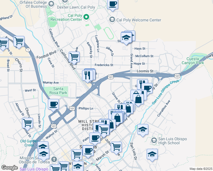 map of restaurants, bars, coffee shops, grocery stores, and more near 623 Grove Street in San Luis Obispo