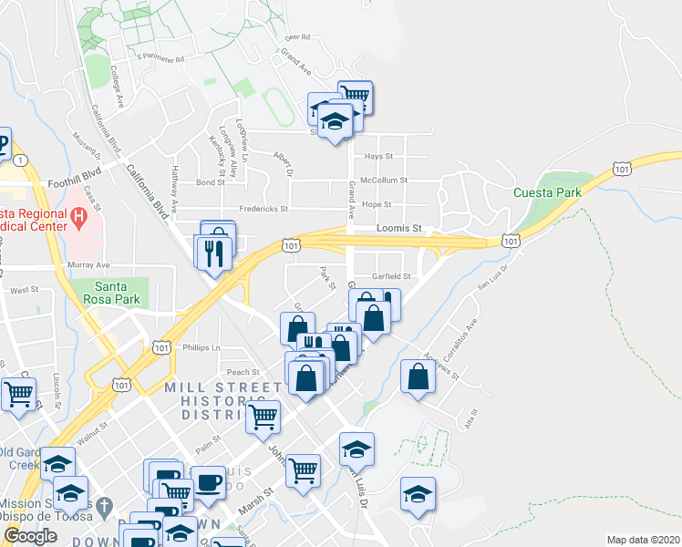 map of restaurants, bars, coffee shops, grocery stores, and more near 640 Park Street in San Luis Obispo