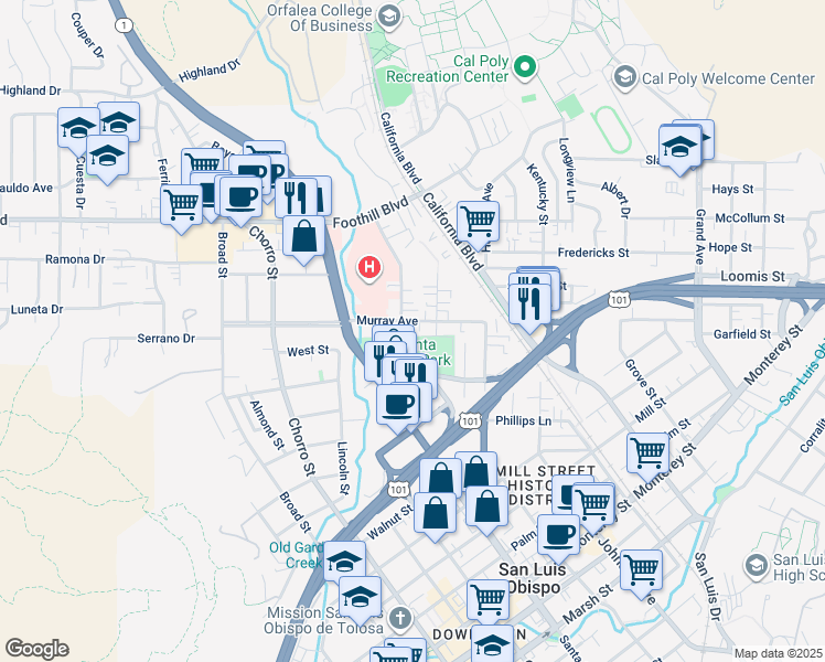 map of restaurants, bars, coffee shops, grocery stores, and more near 204 Casa Street in San Luis Obispo