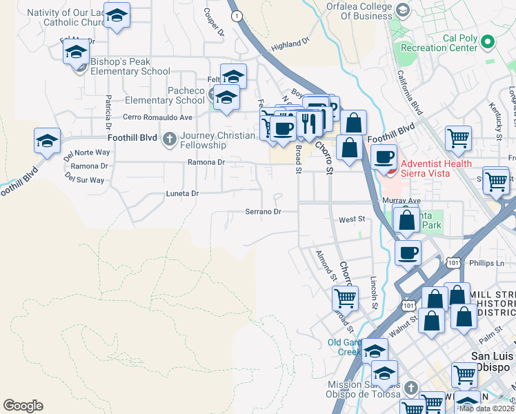 map of restaurants, bars, coffee shops, grocery stores, and more near 668 Serrano Drive in San Luis Obispo