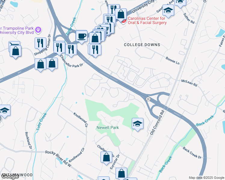map of restaurants, bars, coffee shops, grocery stores, and more near 8213 University Ridge Drive in Charlotte