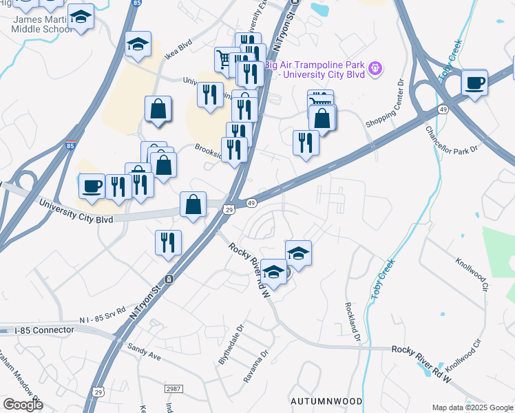 map of restaurants, bars, coffee shops, grocery stores, and more near 7600 University City Boulevard in Charlotte