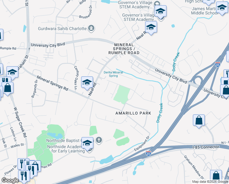 map of restaurants, bars, coffee shops, grocery stores, and more near 6238 Sydney Mae in Charlotte