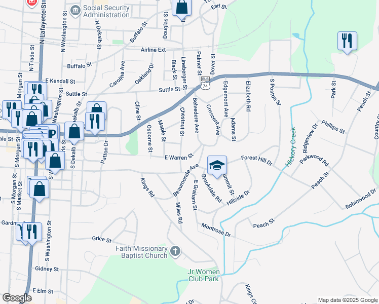 map of restaurants, bars, coffee shops, grocery stores, and more near 229 Chestnut Street in Shelby