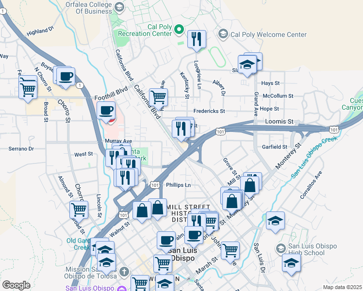 map of restaurants, bars, coffee shops, grocery stores, and more near 596 California Boulevard in San Luis Obispo