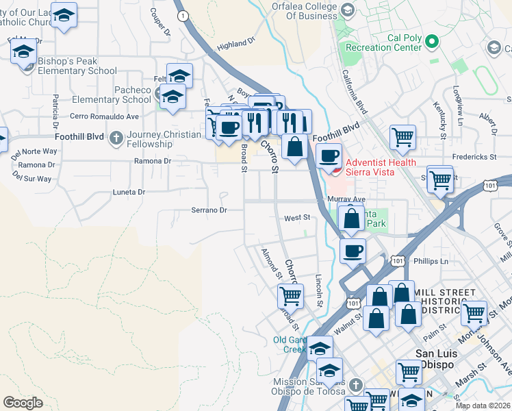 map of restaurants, bars, coffee shops, grocery stores, and more near 765 Murray Avenue in San Luis Obispo
