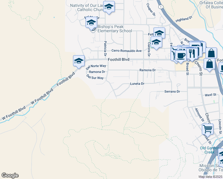 map of restaurants, bars, coffee shops, grocery stores, and more near 196 Luneta Drive in San Luis Obispo
