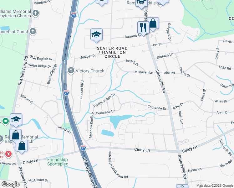 map of restaurants, bars, coffee shops, grocery stores, and more near 1448 Prairie Valley Drive in Charlotte