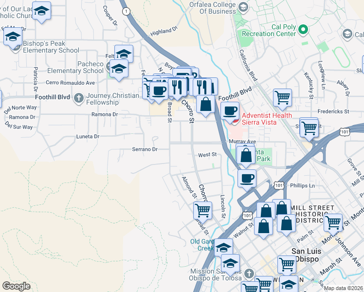 map of restaurants, bars, coffee shops, grocery stores, and more near 765 Murray Avenue in San Luis Obispo