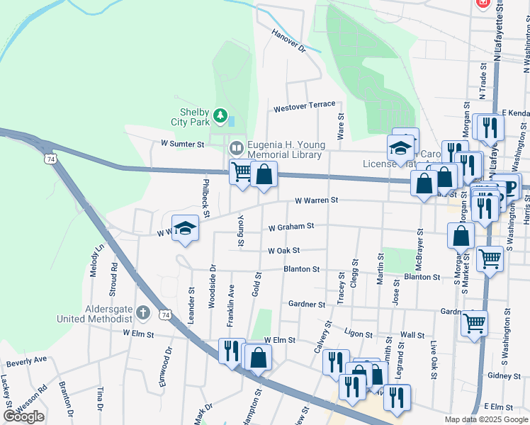 map of restaurants, bars, coffee shops, grocery stores, and more near 205 Gold Street in Shelby