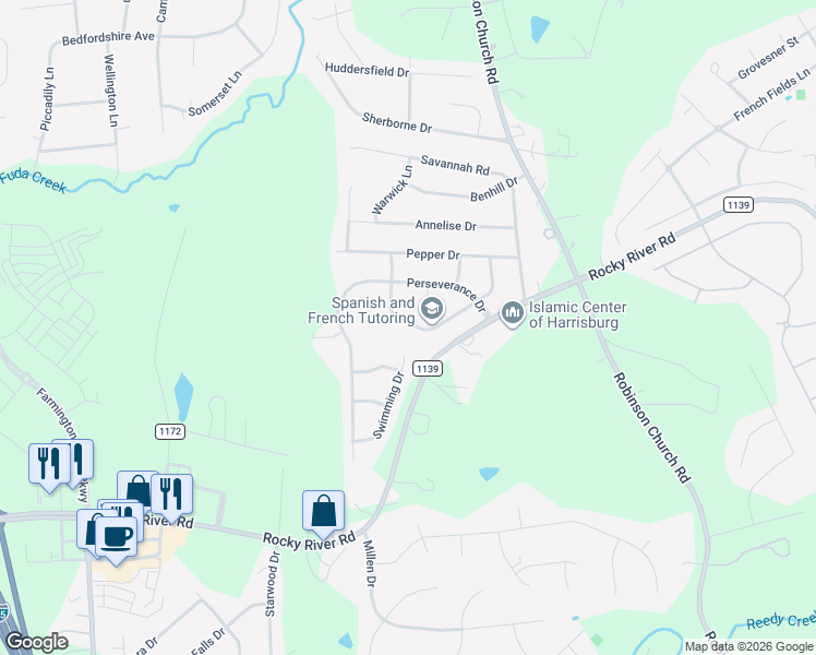 map of restaurants, bars, coffee shops, grocery stores, and more near 8939 Happiness Road in Charlotte