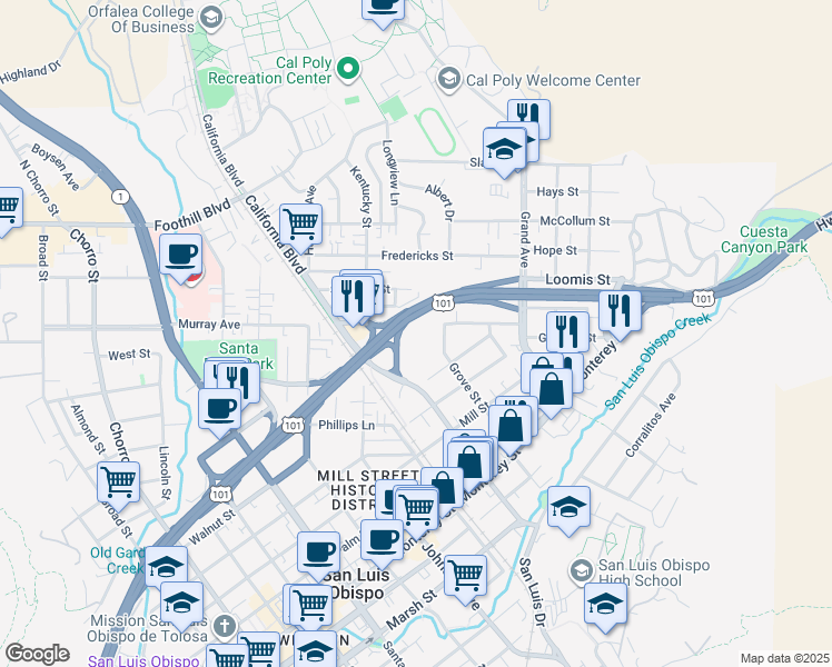 map of restaurants, bars, coffee shops, grocery stores, and more near 623 Grove Street in San Luis Obispo