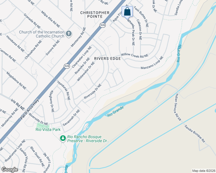 map of restaurants, bars, coffee shops, grocery stores, and more near 2042 Rivers Edge Drive Northeast in Rio Rancho