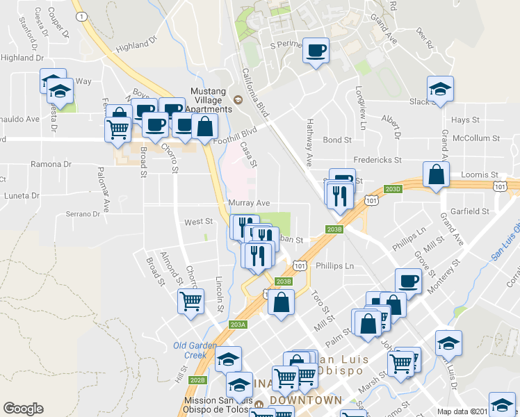 map of restaurants, bars, coffee shops, grocery stores, and more near 204 Casa Street in San Luis Obispo