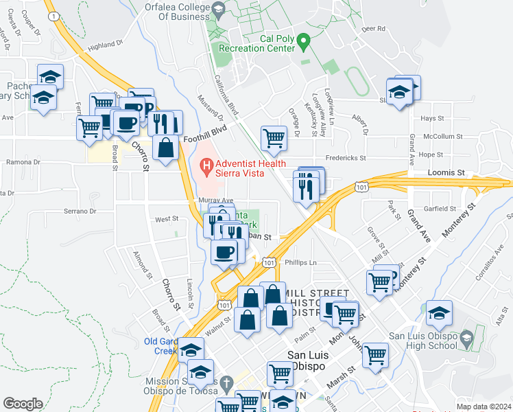 map of restaurants, bars, coffee shops, grocery stores, and more near 1247 Murray Avenue in San Luis Obispo