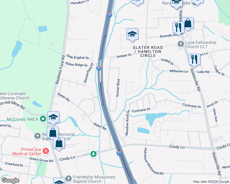 map of restaurants, bars, coffee shops, grocery stores, and more near 2201 Sunset Boulevard in Charlotte