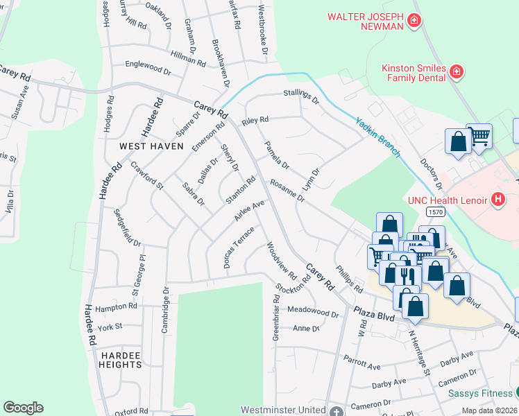 map of restaurants, bars, coffee shops, grocery stores, and more near 2504 Carey Road in Kinston