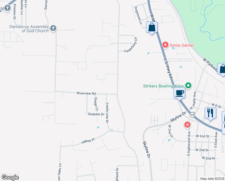 map of restaurants, bars, coffee shops, grocery stores, and more near 3306 Riverview Road in Russellville