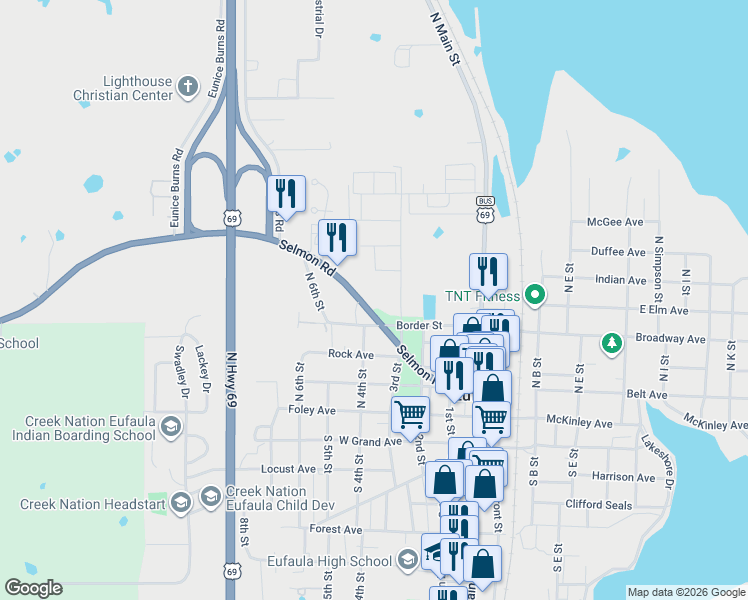 map of restaurants, bars, coffee shops, grocery stores, and more near Highway 9 in Eufaula