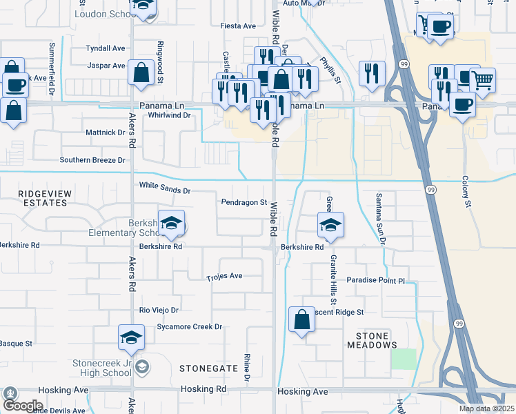map of restaurants, bars, coffee shops, grocery stores, and more near 3315 Pendragon Street in Bakersfield