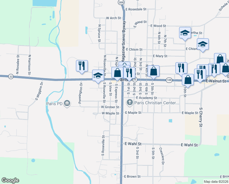 map of restaurants, bars, coffee shops, grocery stores, and more near 115 South Roseville Street in Paris