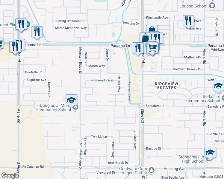 map of restaurants, bars, coffee shops, grocery stores, and more near 5215 Lomica Lane in Bakersfield