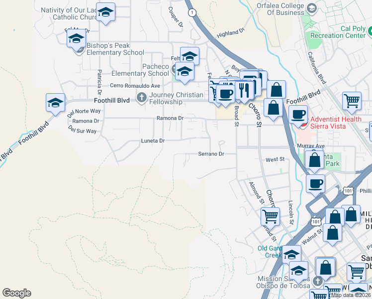 map of restaurants, bars, coffee shops, grocery stores, and more near 518 Serrano Drive in San Luis Obispo