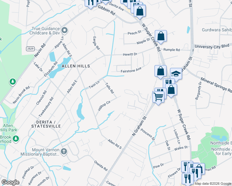 map of restaurants, bars, coffee shops, grocery stores, and more near 2700 Tallu Road in Charlotte