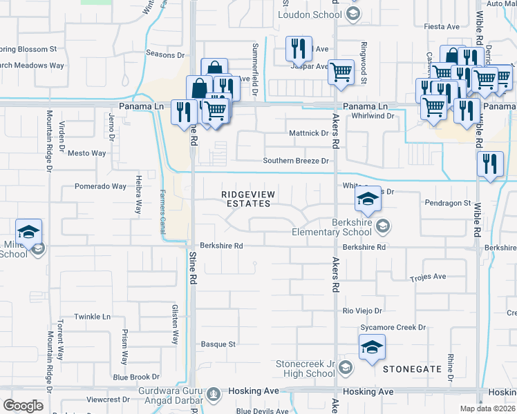 map of restaurants, bars, coffee shops, grocery stores, and more near 4416 Oregano Road in Bakersfield