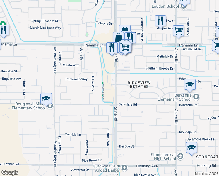map of restaurants, bars, coffee shops, grocery stores, and more near 5000 Berkshire Road in Bakersfield