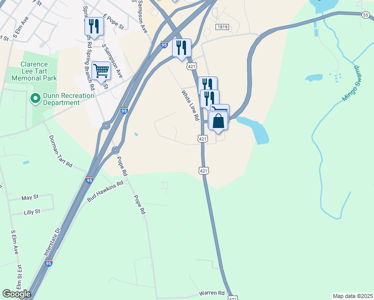 map of restaurants, bars, coffee shops, grocery stores, and more near 1300 East Cumberland Street in Dunn