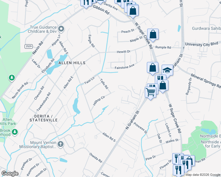 map of restaurants, bars, coffee shops, grocery stores, and more near 2700 Tallu Road in Charlotte