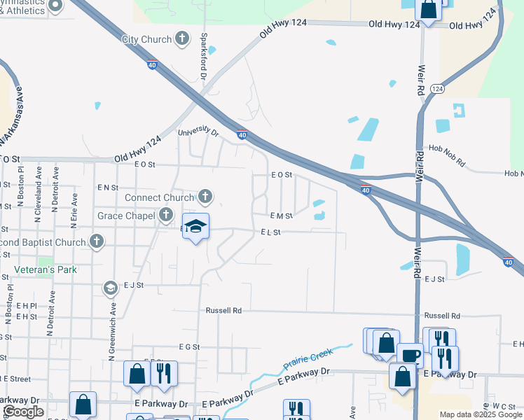 map of restaurants, bars, coffee shops, grocery stores, and more near 1205 University Drive in Russellville