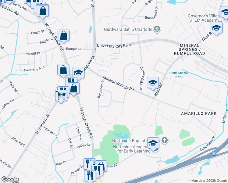 map of restaurants, bars, coffee shops, grocery stores, and more near 1612 Berry Miller Court in Charlotte