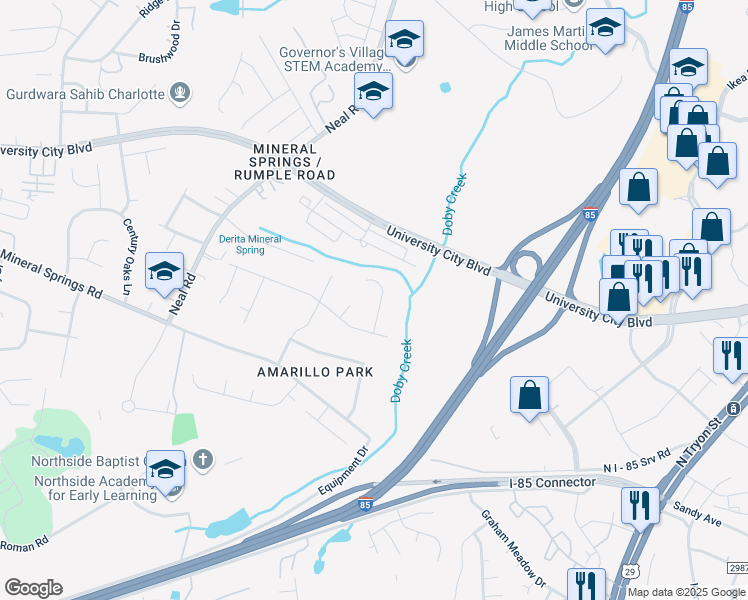map of restaurants, bars, coffee shops, grocery stores, and more near 7301 Canyon Drive in Charlotte