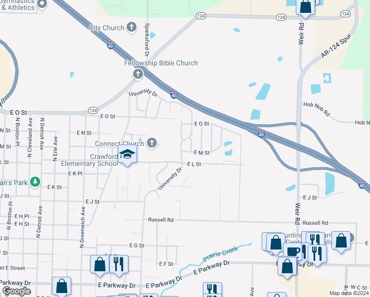 map of restaurants, bars, coffee shops, grocery stores, and more near 1204 University Drive in Russellville