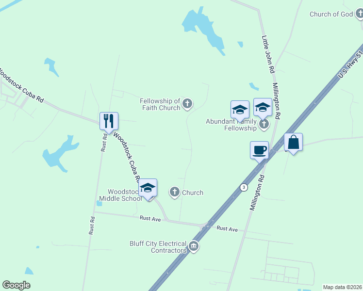 map of restaurants, bars, coffee shops, grocery stores, and more near 2726 Moonview Road in Millington