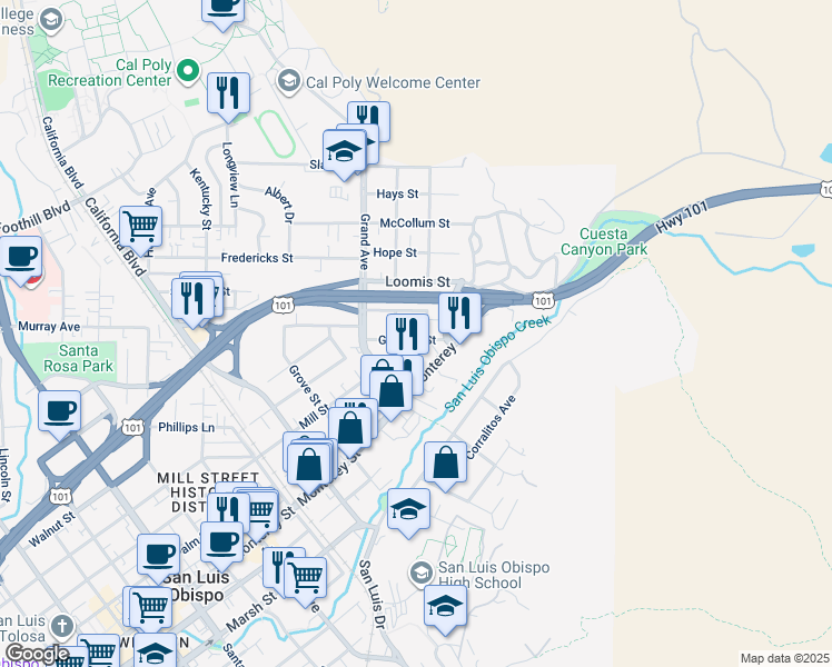 map of restaurants, bars, coffee shops, grocery stores, and more near 1950B Garfield Street in San Luis Obispo