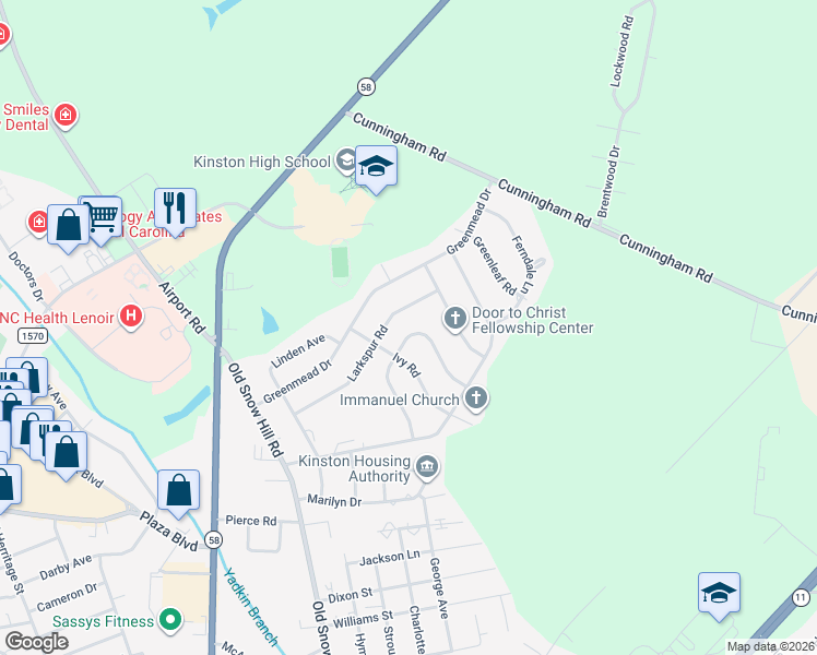 map of restaurants, bars, coffee shops, grocery stores, and more near 2307 Briarfield Road in Kinston