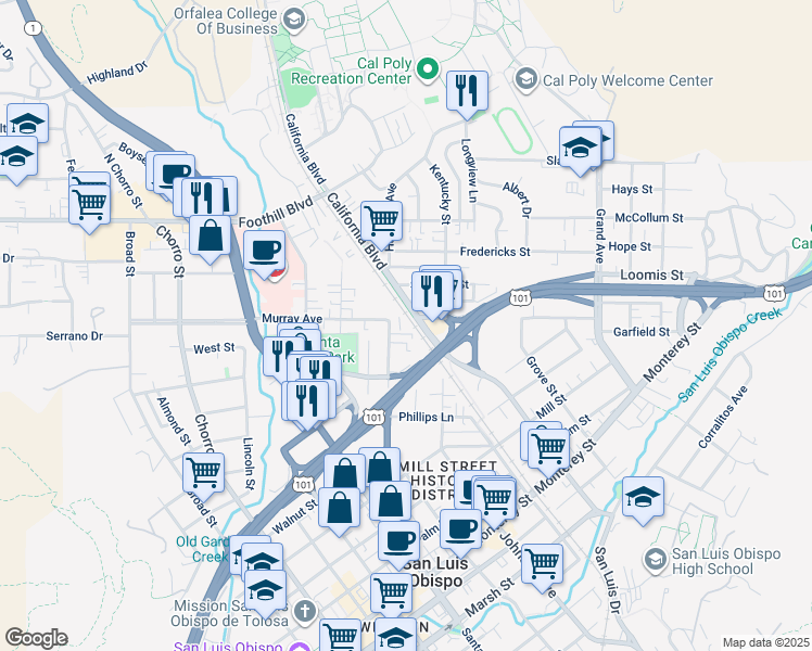 map of restaurants, bars, coffee shops, grocery stores, and more near 1291 Murray Avenue in San Luis Obispo
