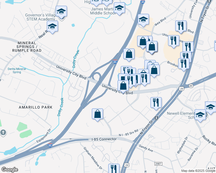 map of restaurants, bars, coffee shops, grocery stores, and more near 6749 University City Boulevard in Charlotte